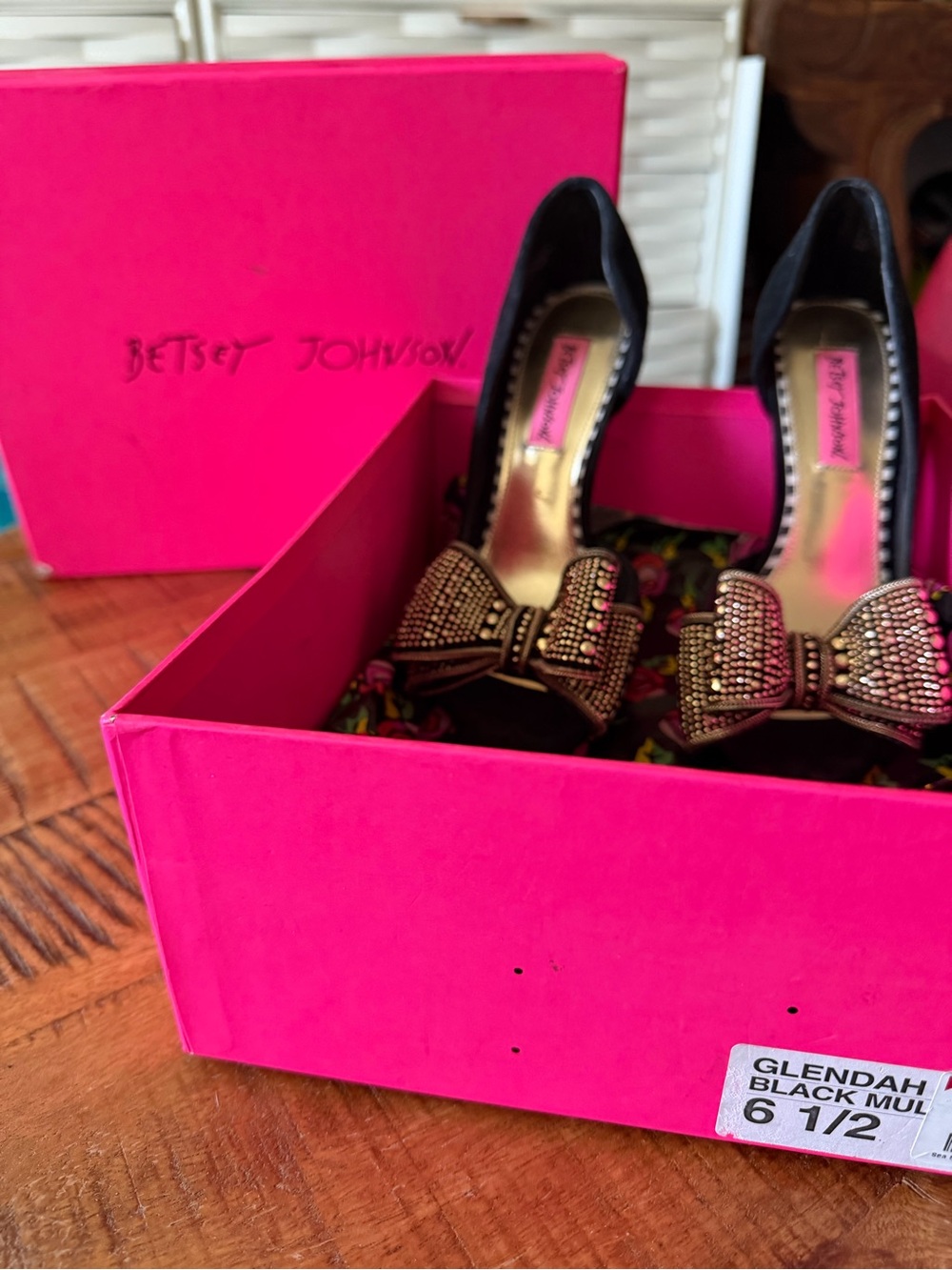 Betsey Johnson Black Bow Studded Peep-Toe Heels - Picture 2 of 4